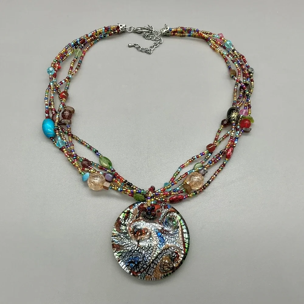 Necklace Multicolor Seed Bead Multi Strand Art Glass Round Pendant Statement